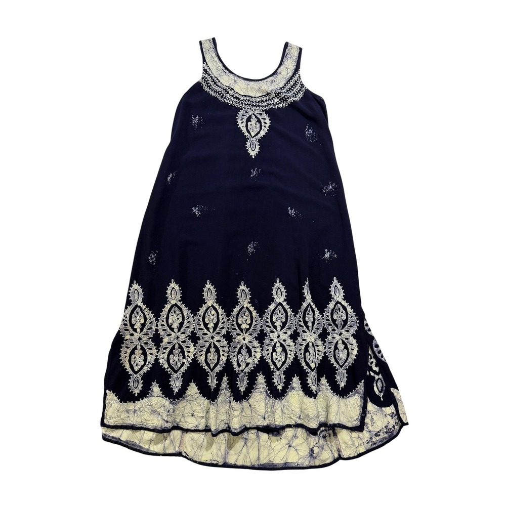 Advance Apparel Navy Blue Embroidered Sleeveless Dress Womens L XL Boho Midi